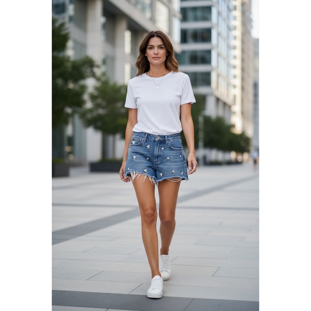 Simple Society Floral Embroidered Raw Hem Denim Shorts Medium Wash Blue 28